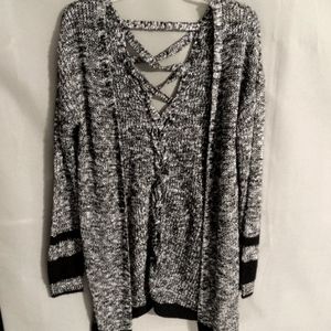 Pink Rose Gray Speckled Knitted Long Open Front Cardigan Lace Up Back Wms Med